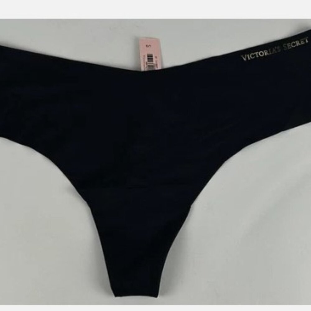 NWT Victorias Secret Black Gold Logo No Show Thong Panties Sz L
